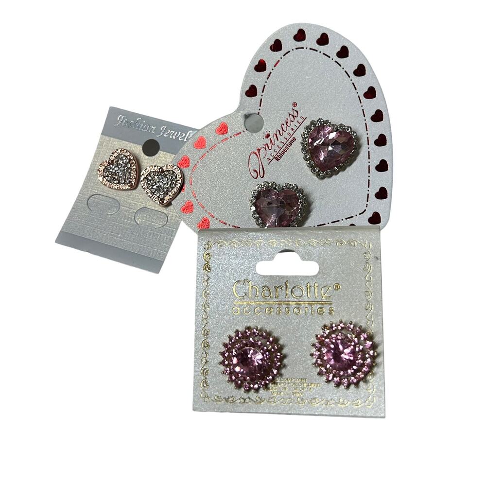 Charlotte Princess Accessories Rhinestone Heart Stud Earrings Set‎ Pink 3 Pairs